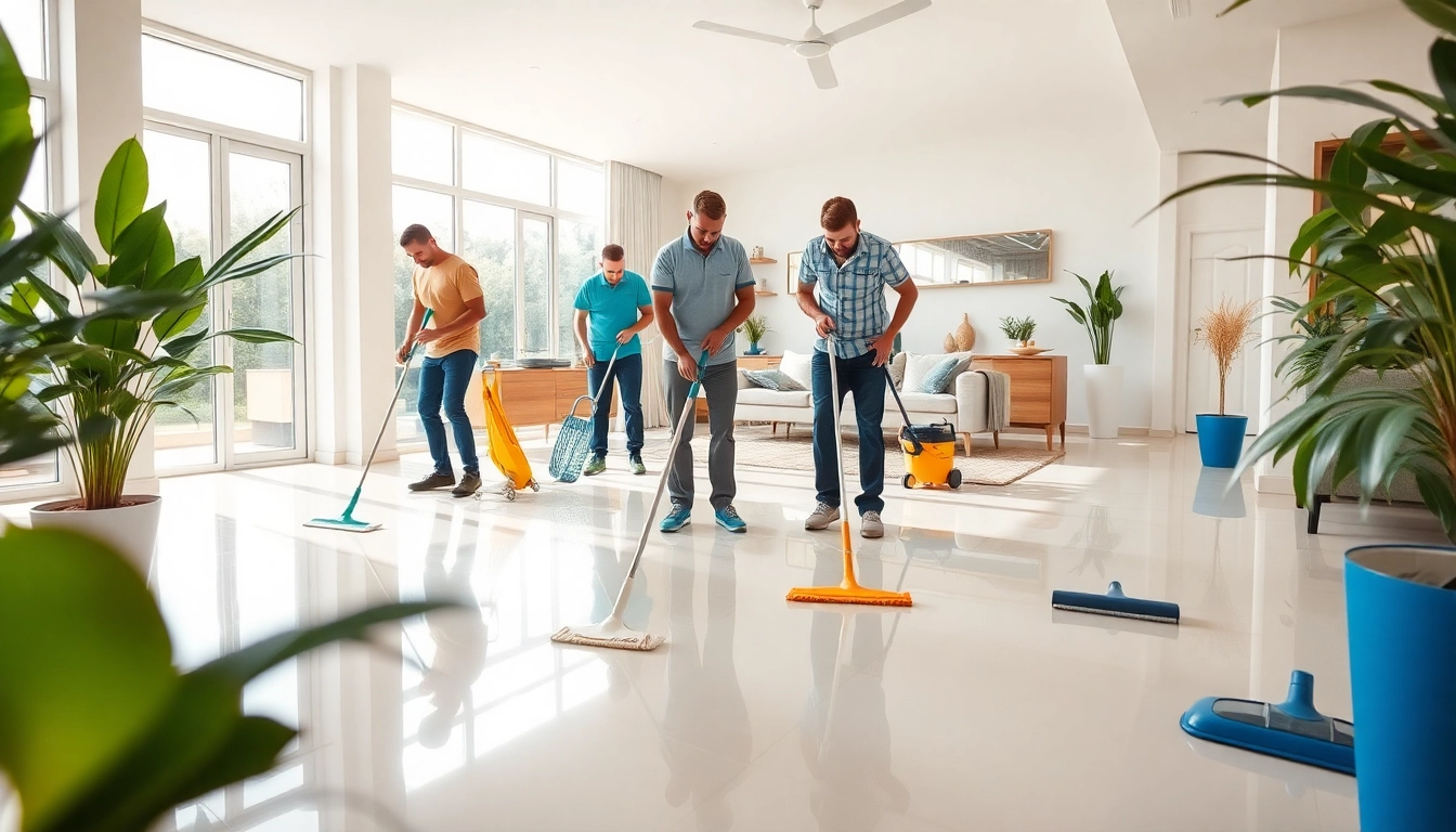 Efficient bond cleaning team revitalizing a modern home with pristine floors and windows.