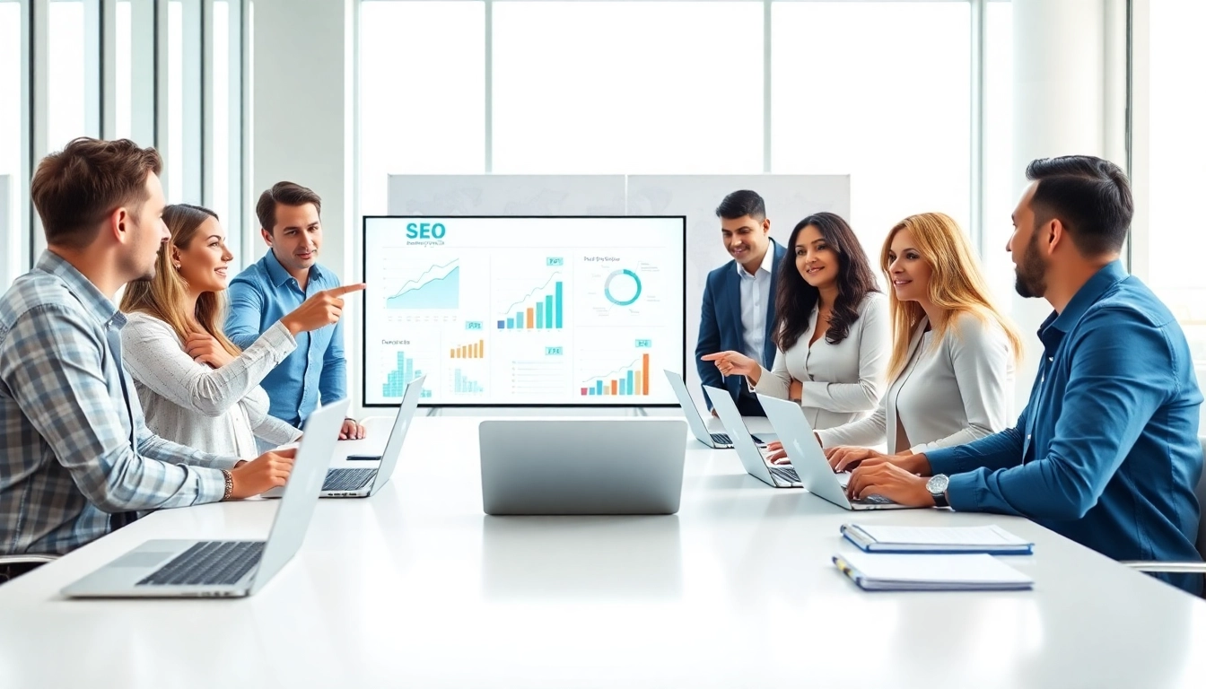 Search optimization company team analyzing strategies in a bright, collaborative office space