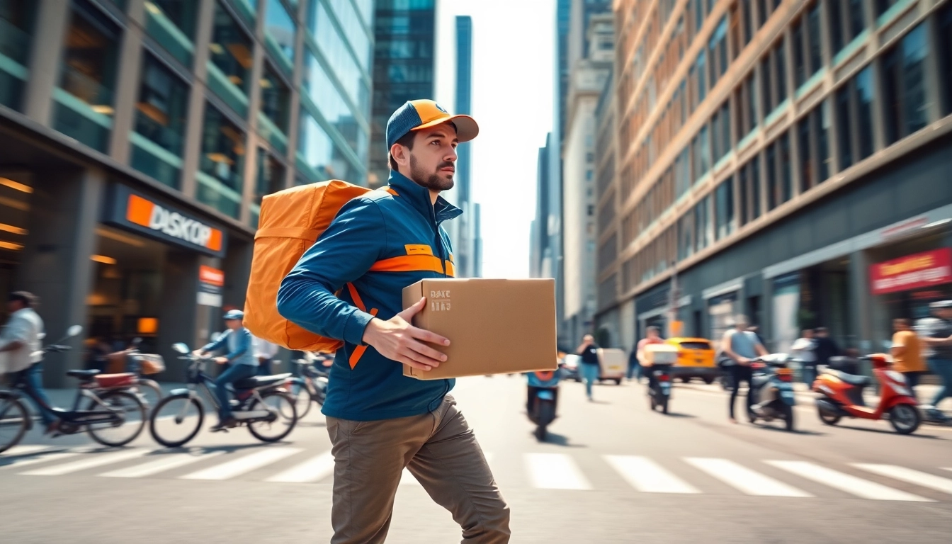 Professional courier delivering a package in a vibrant urban environment.