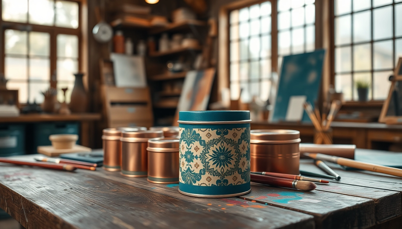 Custom tins beautifully showcased in an artisan workshop with vibrant patterns and artistic elements.