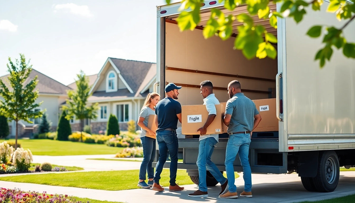 Movers Calgary team expertly loading boxes into a truck in a sunny neighborhood setting.