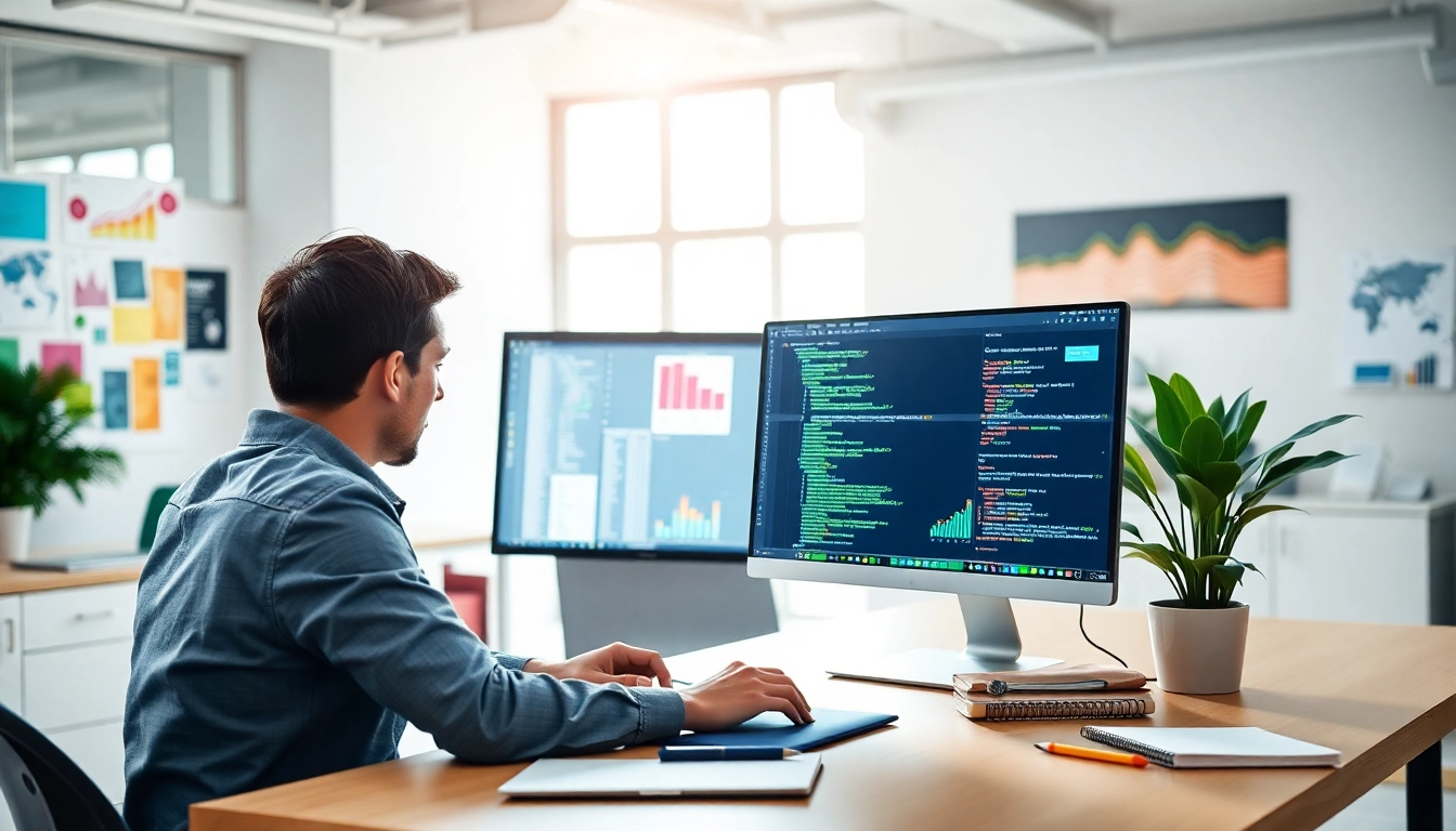 Showcasing web design and SEO services in a modern office with digital tools and vibrant design elements.