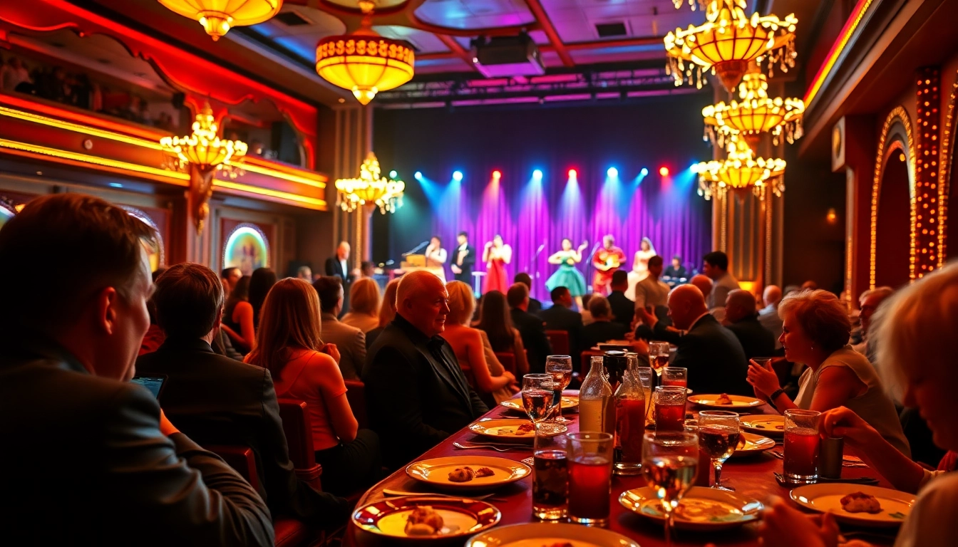 Enjoy an exciting performance at dinner theatre las vegas with vibrant costumes and a lively audience.