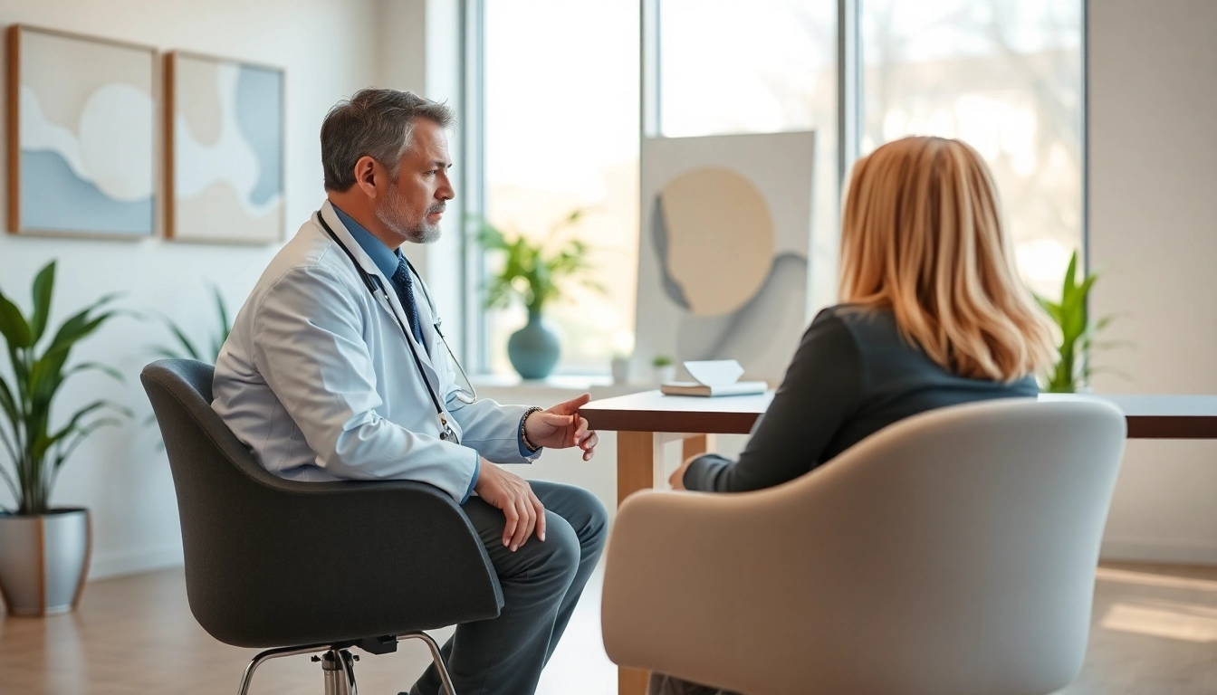 Psychiatrist engaging with a patient in a calming clinic environment.