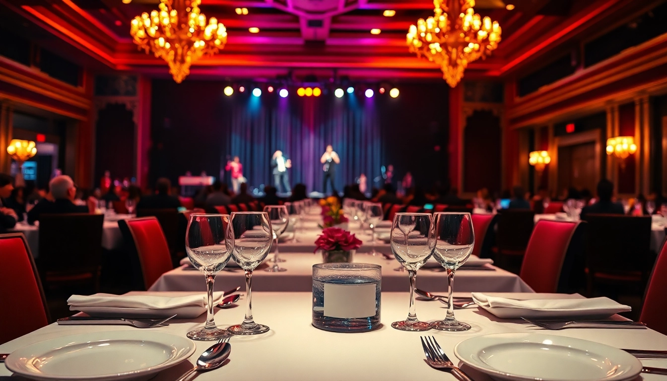 Dramatic setup for dinner shows in las vegas featuring elegant tables and performers.