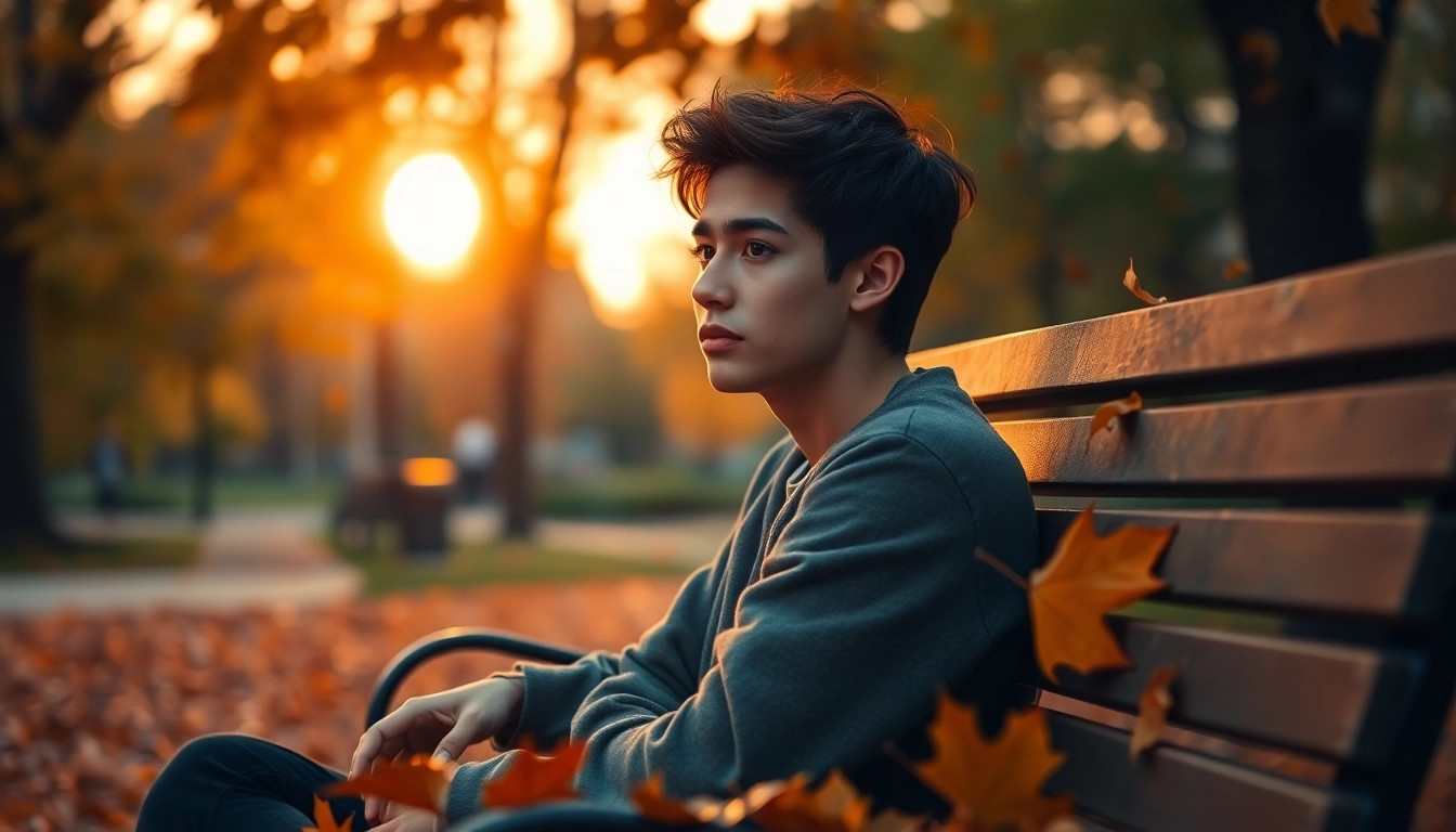 A young adult reflecting on the emotional journey of a relationship breakup in a tranquil park setting.