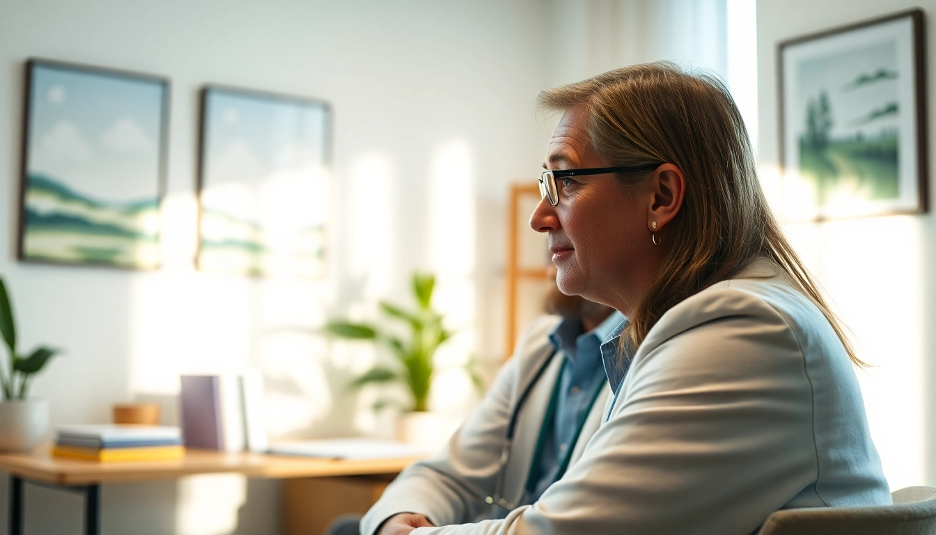 Psychiatrist consulting attentively with a patient in a serene office setting.