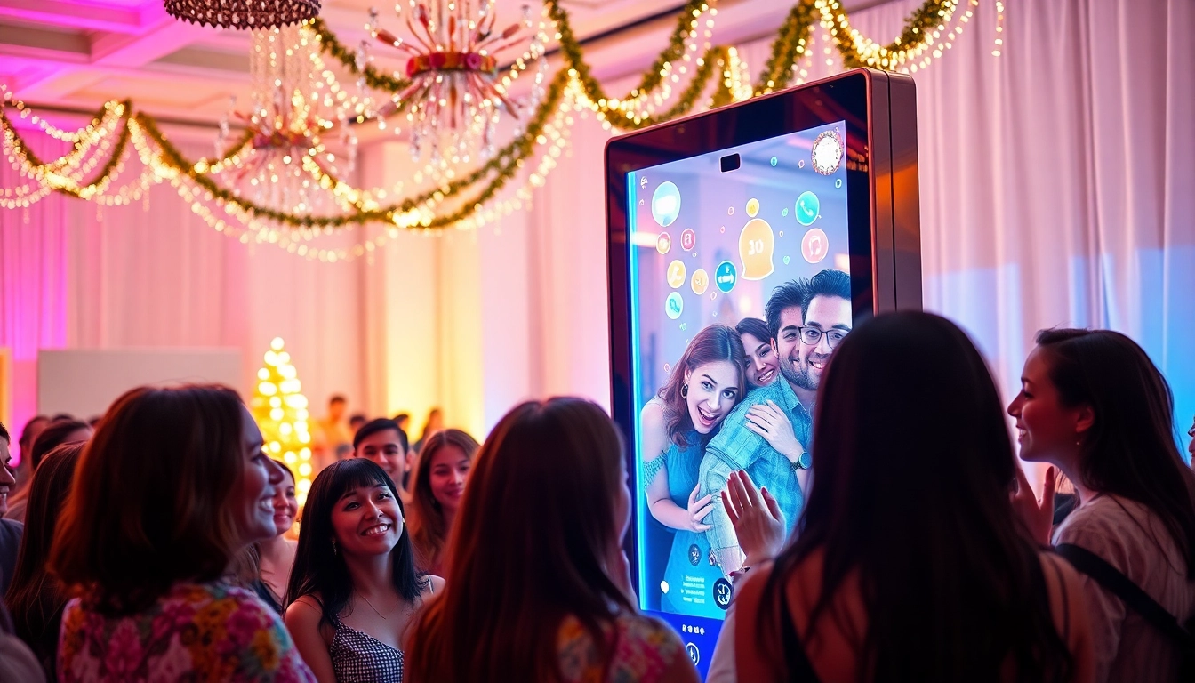 Guests enjoying a Mirror Booth experience, capturing joyful moments at an event.