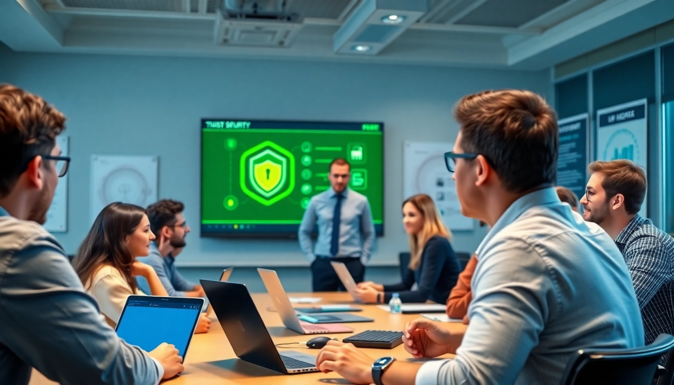 Engaged participants in Online Security Training session discussing cybersecurity strategies in a bright classroom.