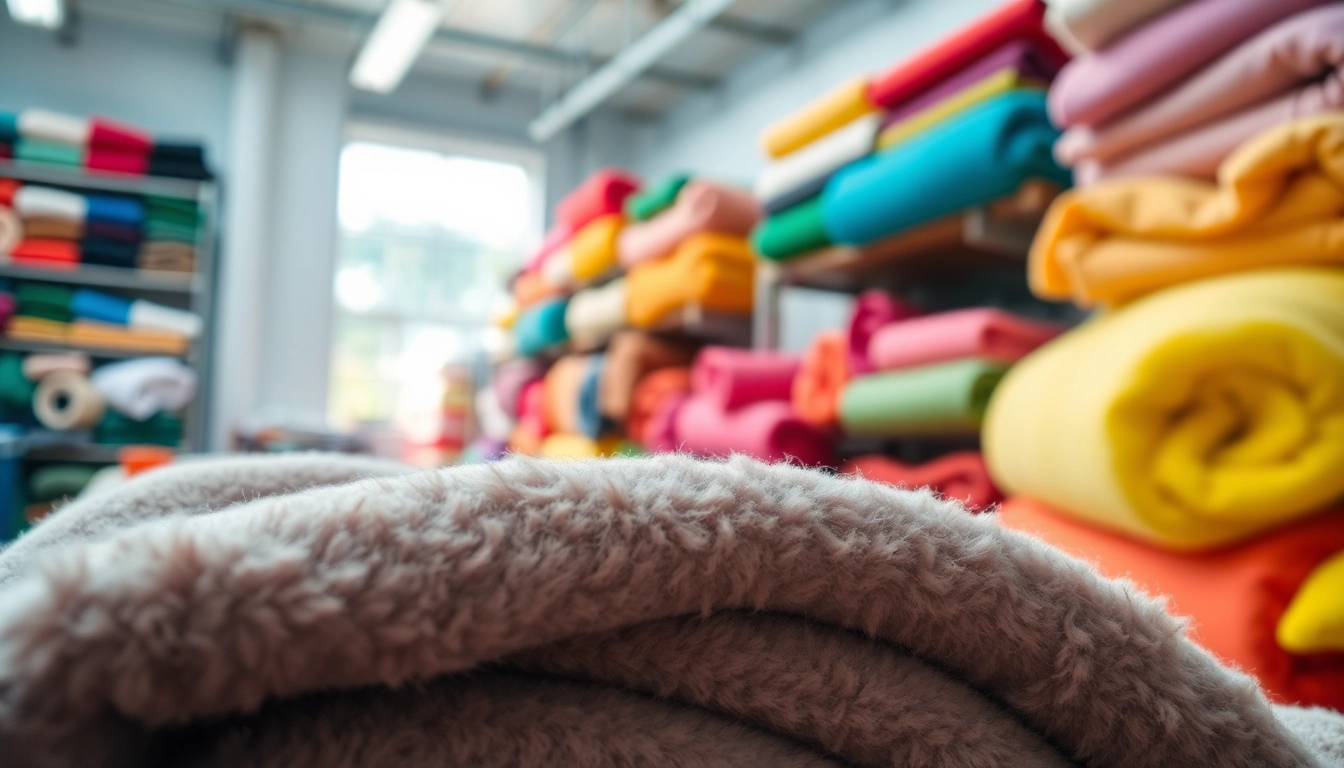 Fleece fabric displayed in a colorful workshop, showcasing various textures en patronen.