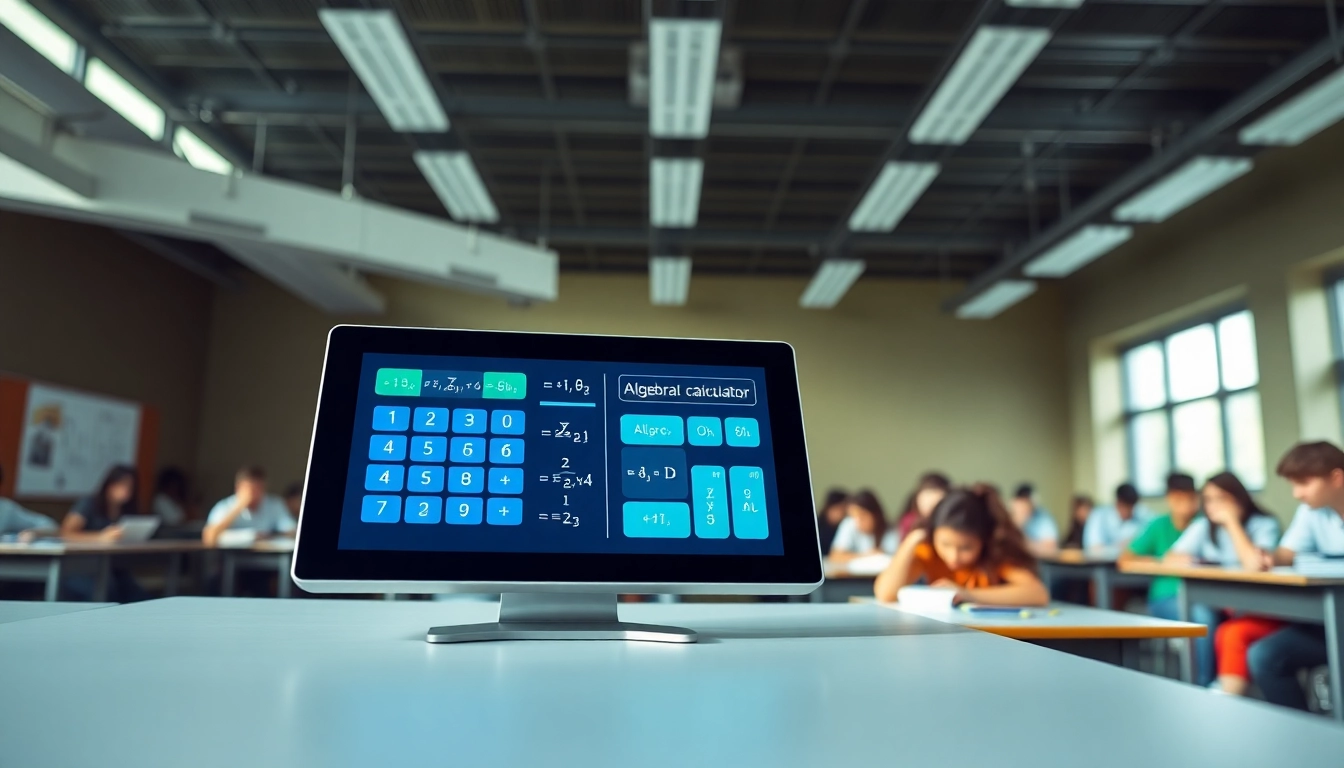 Interactive Algebra Calculator displayed in a vibrant classroom setting, showcasing math solutions.