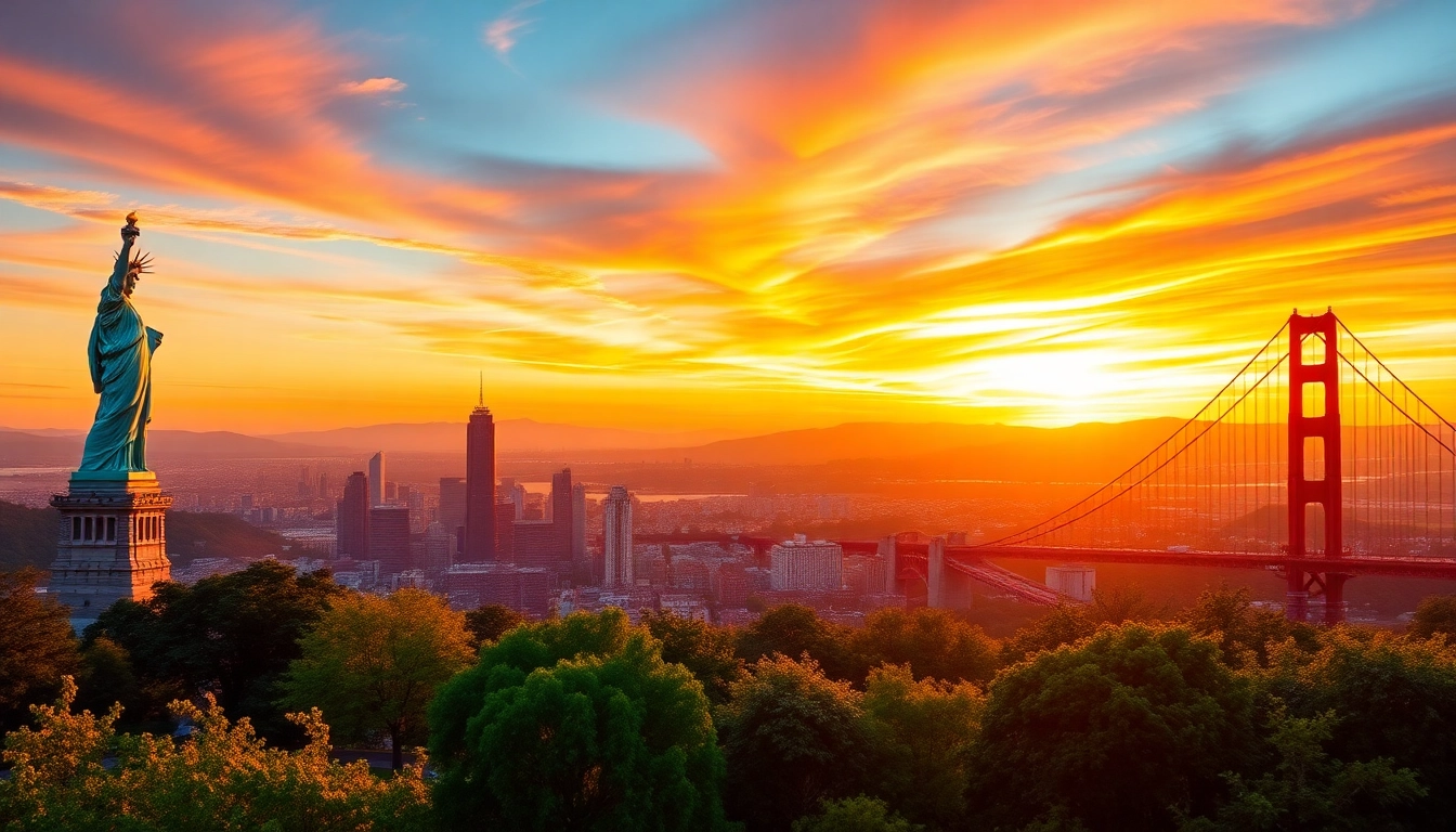 Showcasing the beauty of the united states with iconic landmarks and a vibrant sunset.