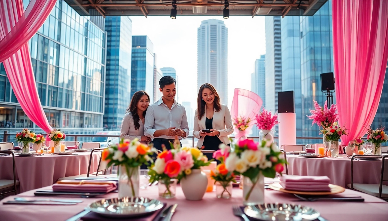 Event planner Singapore team collaborating creatively on a chic event layout in a vibrant urban setting.