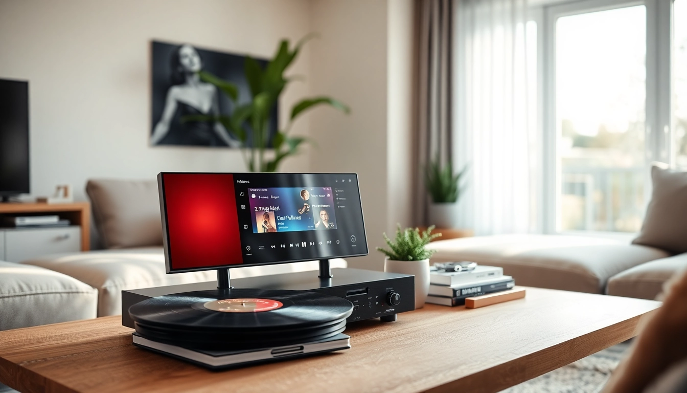Showcasing a digital music player from https://hardwareplayer.com in a stylish living room.