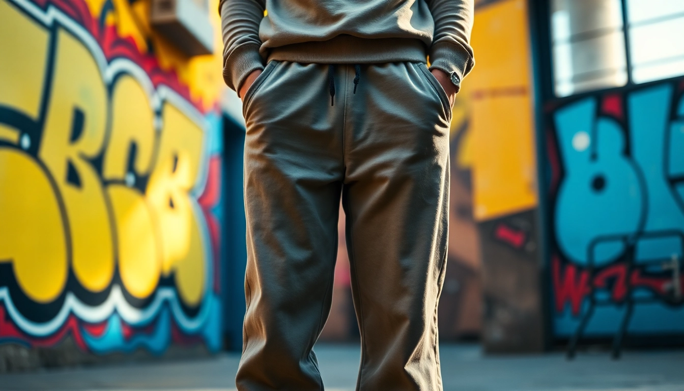 Model showcasing casual baggy sweatpants in a vibrant urban setting with graffiti.