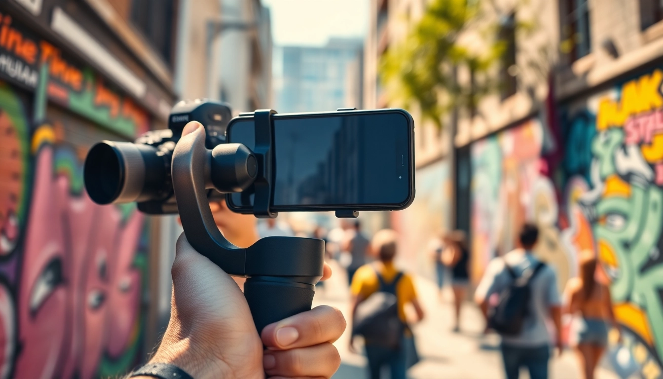 Steady your shots with a gimbal for iPhone highlighted in vibrant urban settings.