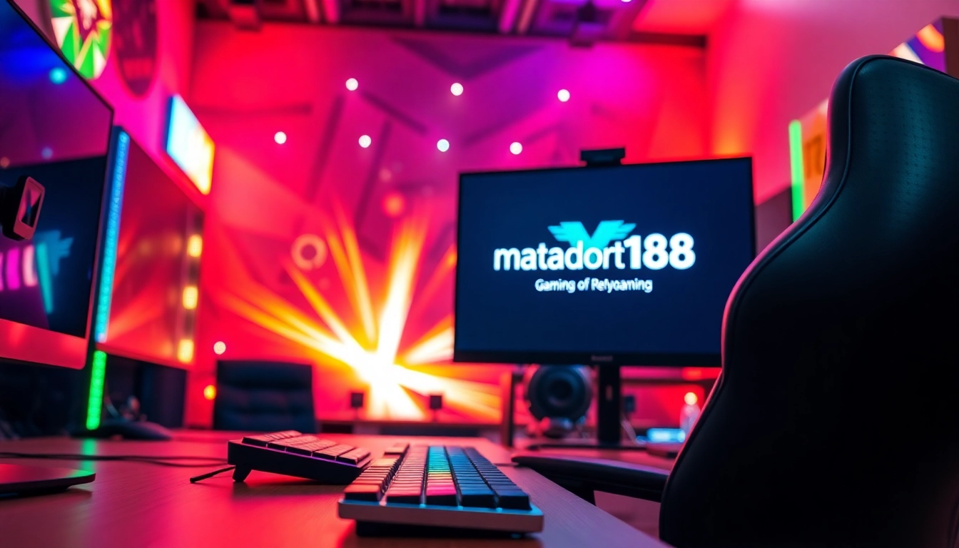 Menampilkan setup permainan modern dengan logo matador168 dan suasana yang menyenangkan.