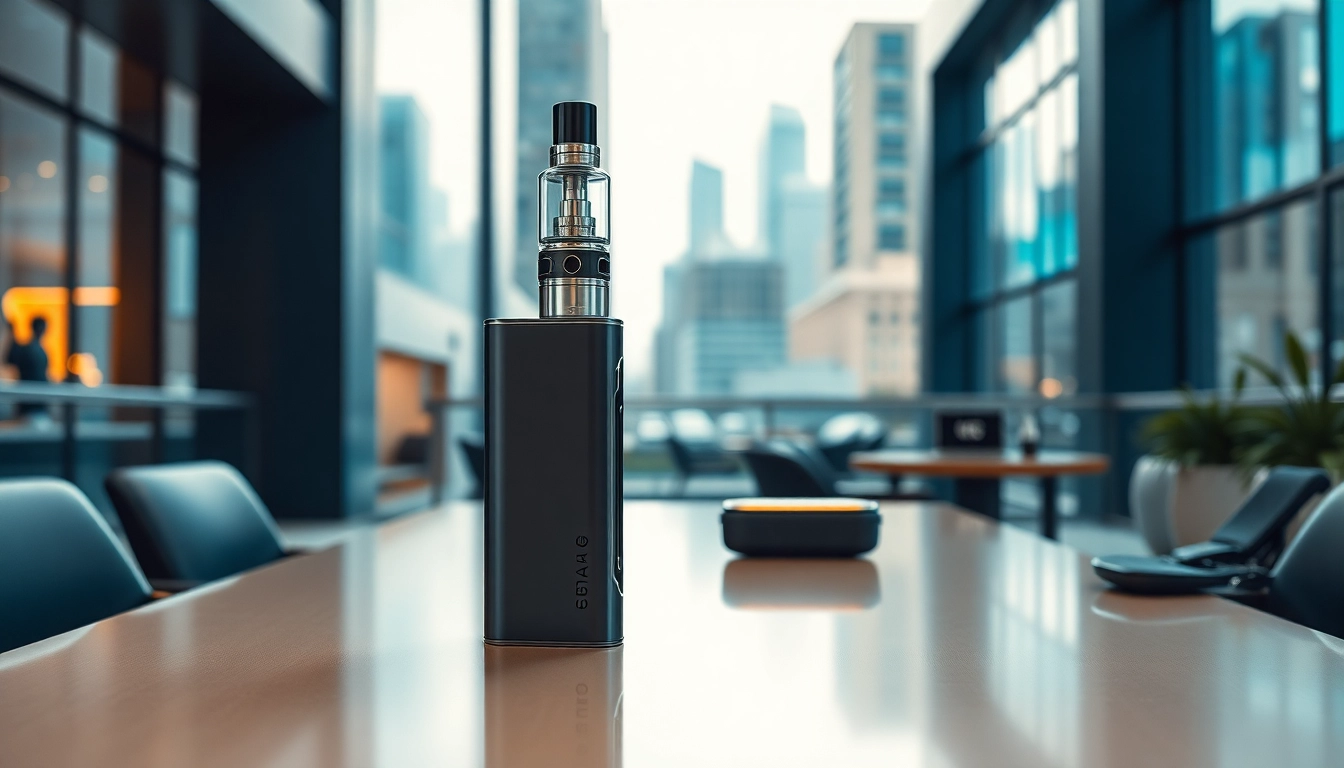 Showcasing FIFTY BAR 20K vape device elegantly on a modern table with urban background.