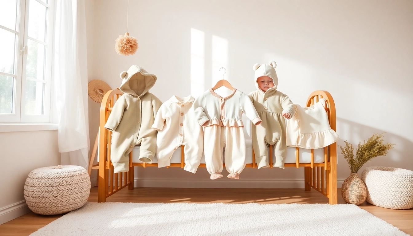 Stylish baby clothes displayed in a cozy nursery filled with soft textures and pastel colors.