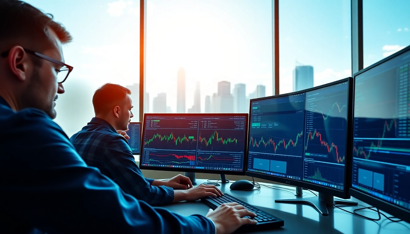 Traders engaged in forex trading, analyzing currency charts in a modern office environment.