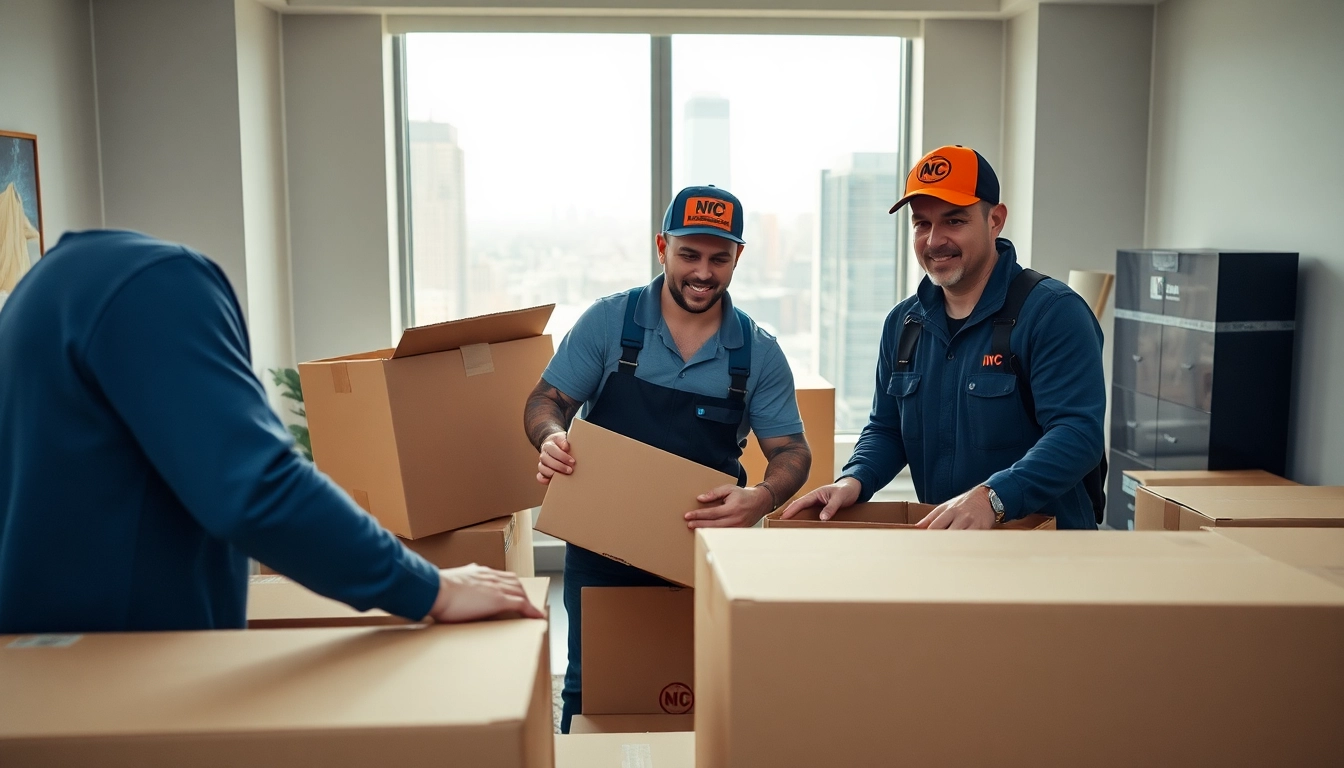 NYC movers expertly packing boxes in a modern apartment with bright city views.
