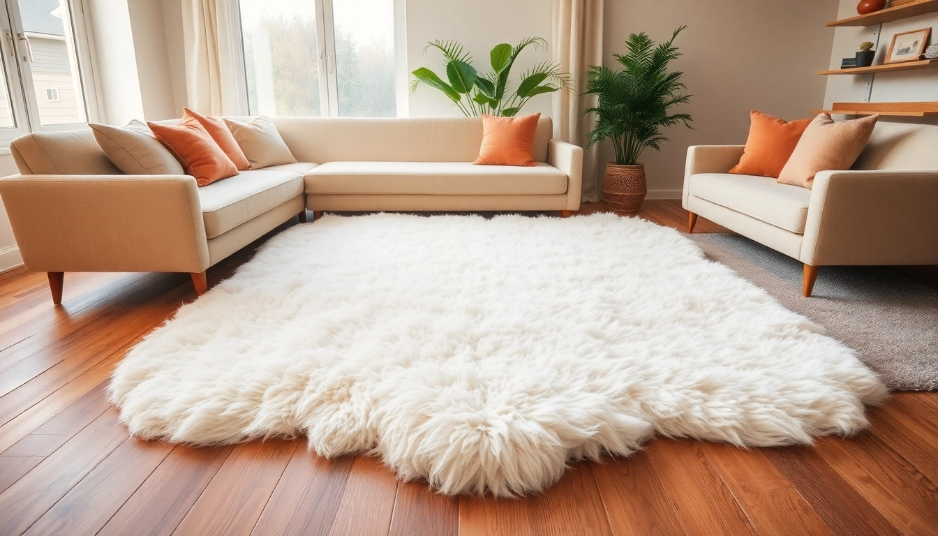 Enhance your home decor with a large sheepskin rug adding warmth and texture to your living space.