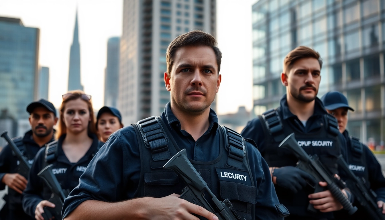 Security Company Liverpool professionals ensuring city safety with vigilant expressions and modern gear.