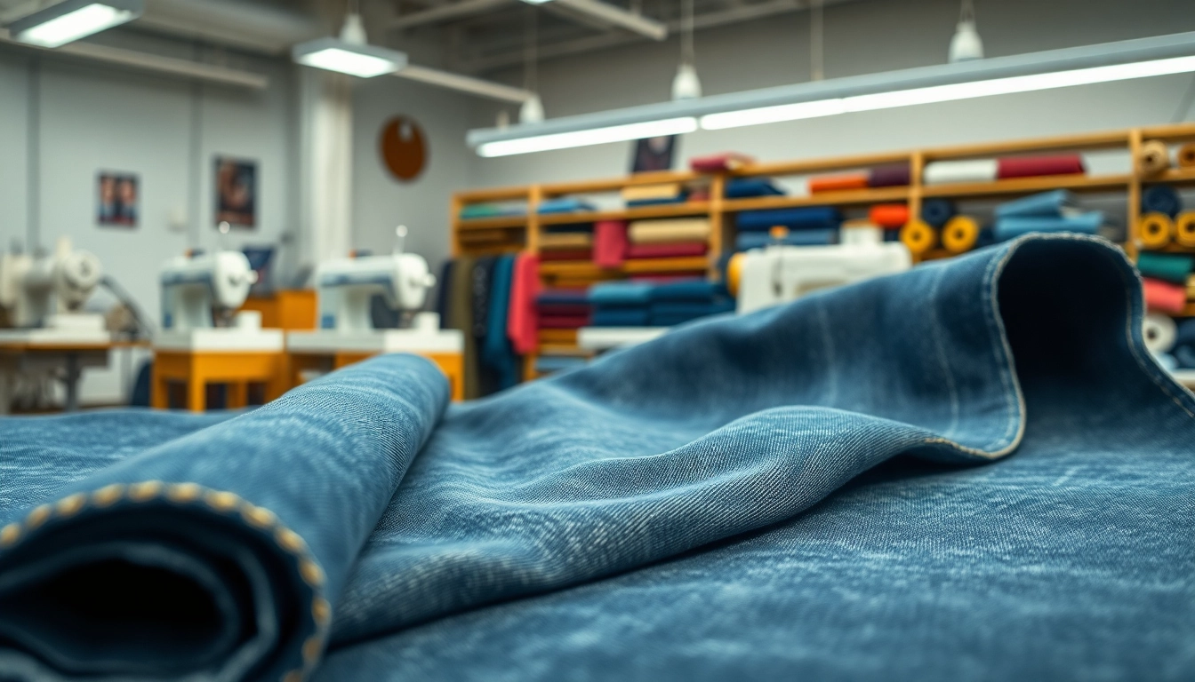 Showcase of jeans cloth manufacturers with vibrant denim samples in a professional studio.