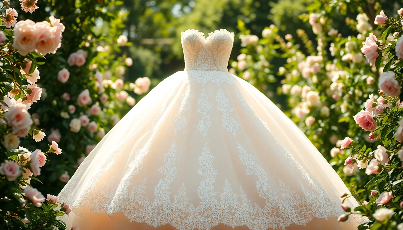 Ball Gown Wedding Dresses showcased beautifully in a floral garden setting with exquisite details.