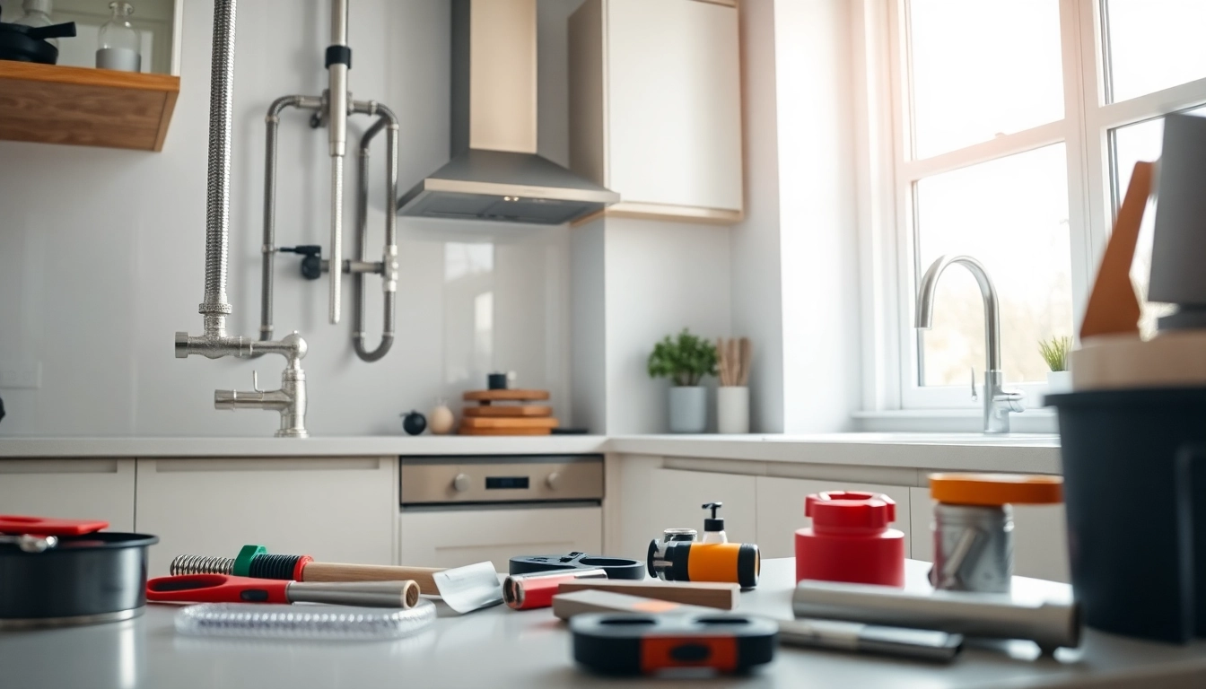 Plumbers knightdale repairing plumbing fixtures in a modern kitchen with bright lighting.