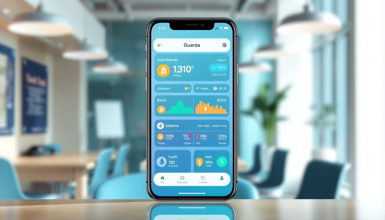 Explore the innovative guarda wallet app displayed on a smartphone in a modern office setting.