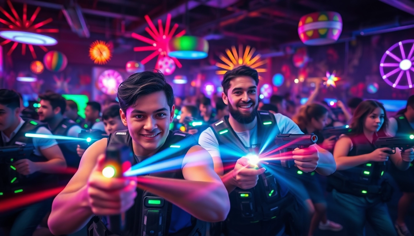 Participants in a laser tag arena engaging in an exciting competitive match.