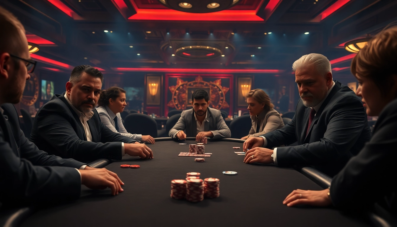 Menggambar situasi perjudian dengan pemain serius di meja poker, menggambarkan https://qqmacan.id.
