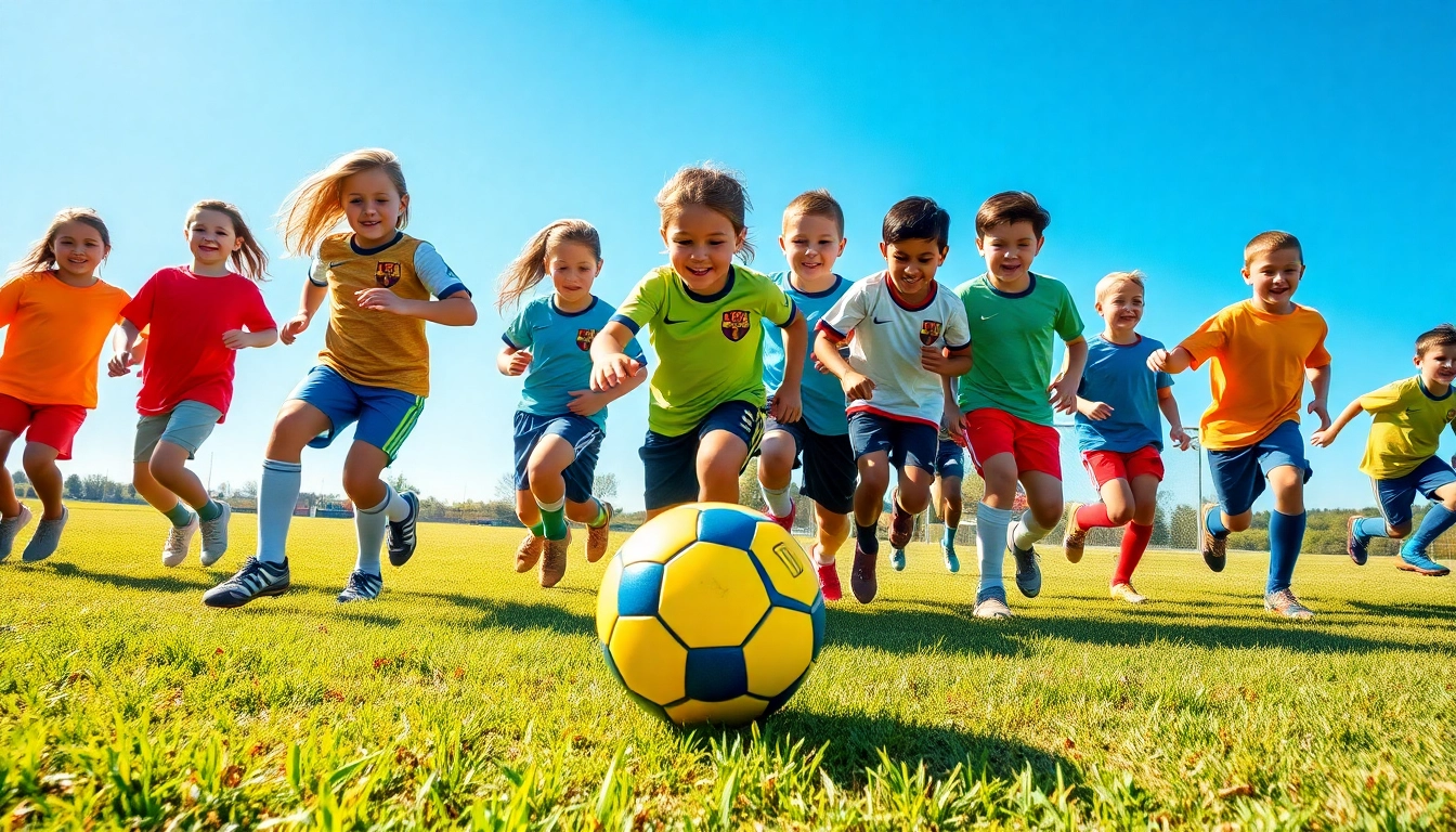 Children joyfully playing football in vibrant Kids Football Kits, showcasing teamwork and fun.