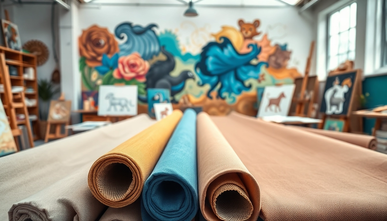 Verken de canvas stoffen in een creatieve atelier met heldere kleuren en levendige texturen.