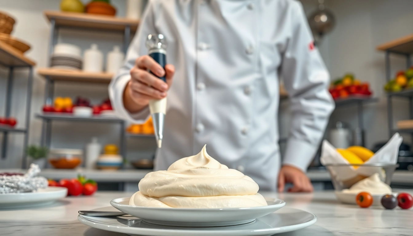 Maak een rijke en romige mousseline terwijl een chef in de keuken werkt met een smakelijke presentatie.