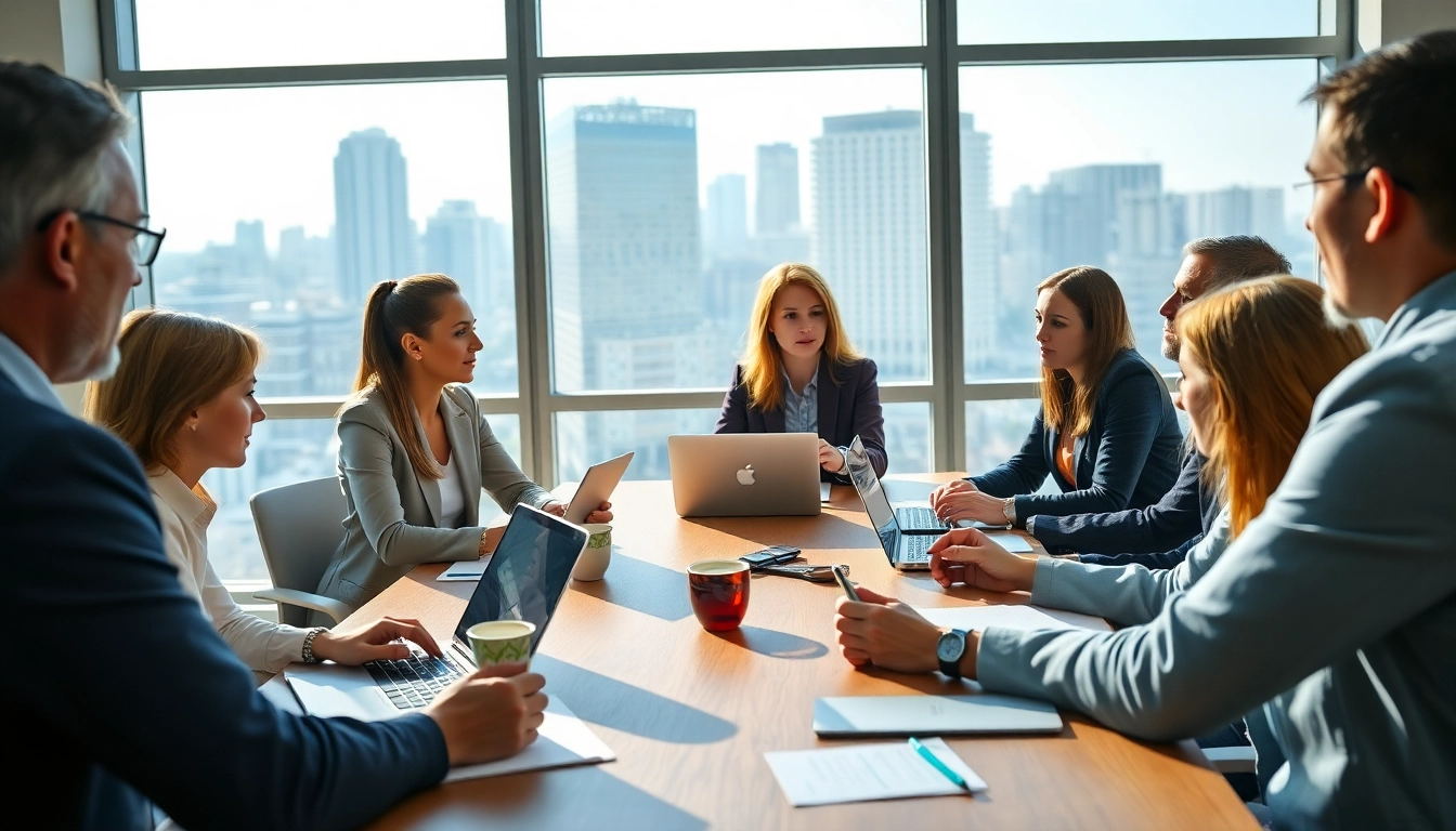 Group of professionals collaborating in Charleston SC. during a business meeting at a sunlit office.