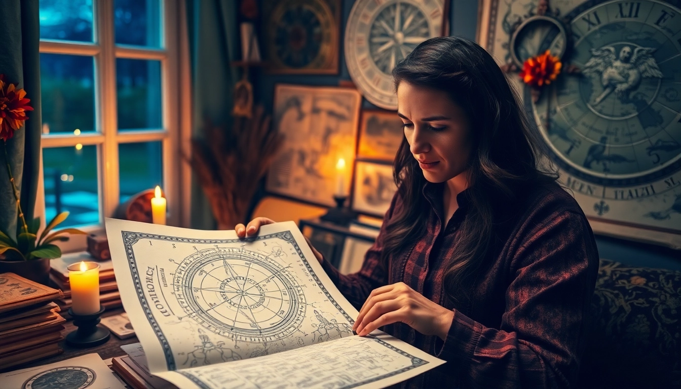 Analysing personalized horoscopes in a cozy, candlelit space with astrological charts.