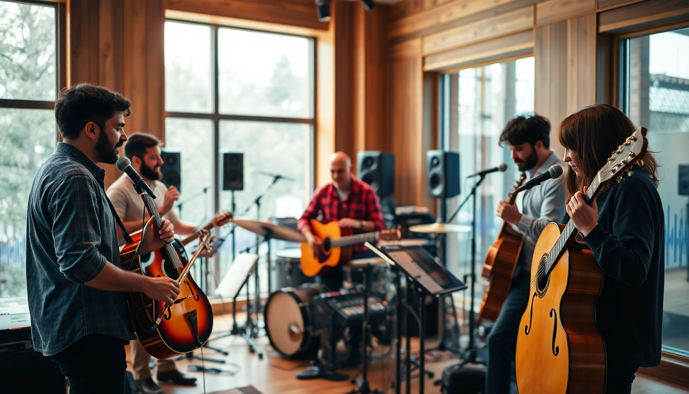 Showcase of the best music pr company with diverse musicians collaborating in a vibrant studio environment.