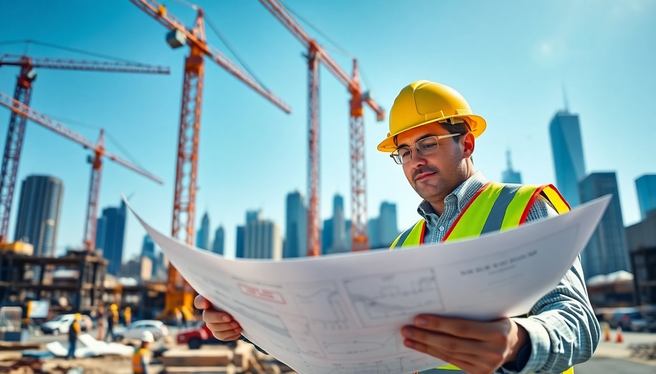 New York Construction Manager analyzing blueprints at a construction site in NYC.