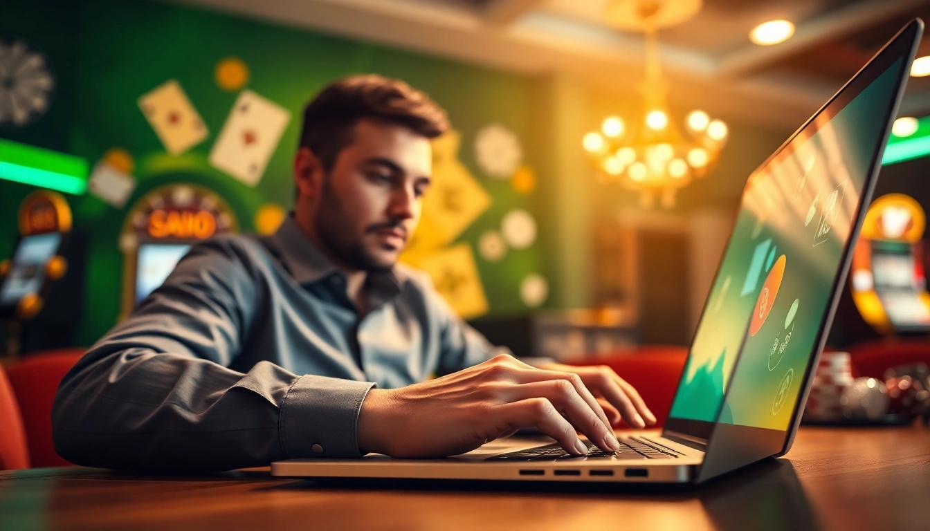Engaging scene of a casino affiliate marketing professional working on digital strategies.