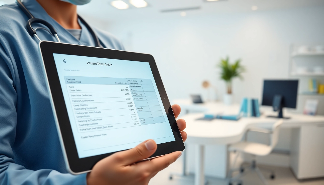 Healthcare professional engaging with electronic prescribing systems on a tablet in a modern clinic.