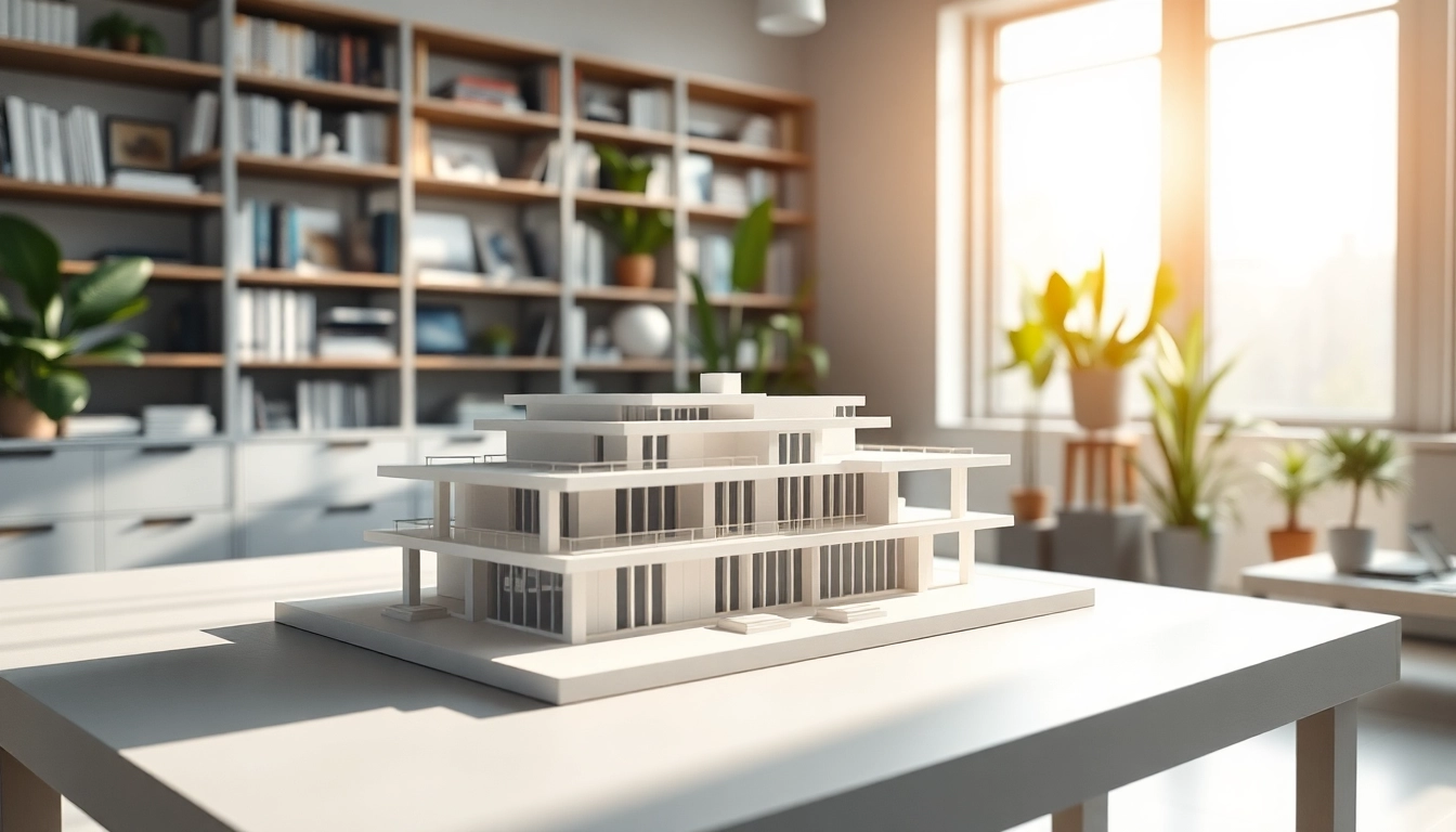3d visualisierung eines modernen Architekturmodells in einem hellen Studio mit kreativer Atmosphäre.