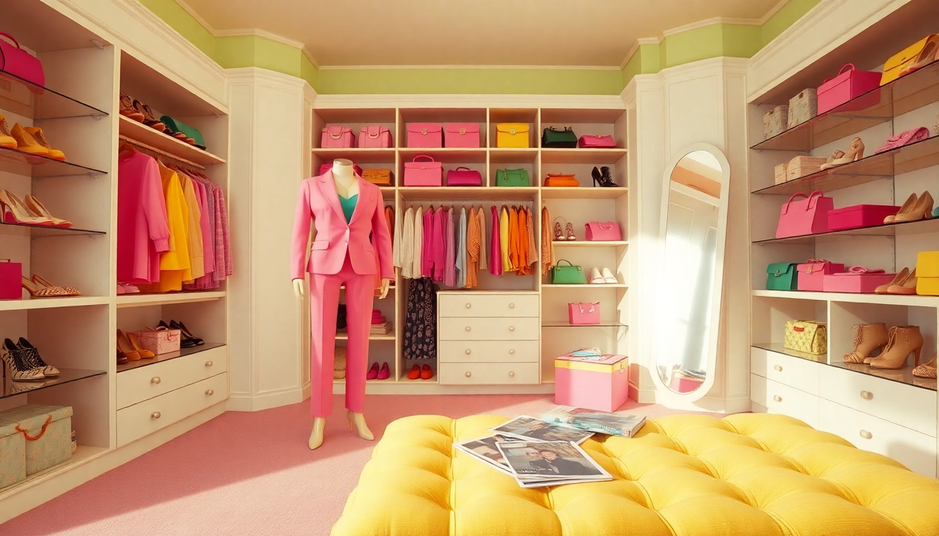 Cher's clueless closet styled with vibrant outfits and accessories, exuding a fun and energetic atmosphere.