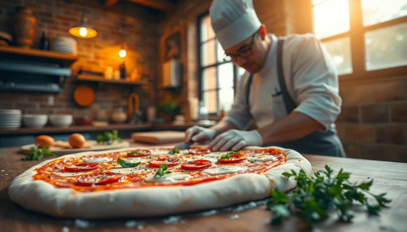 Priprema ukusnog pizze sa sastojcima, uključujući Za, u rustičnoj pizzeriji.