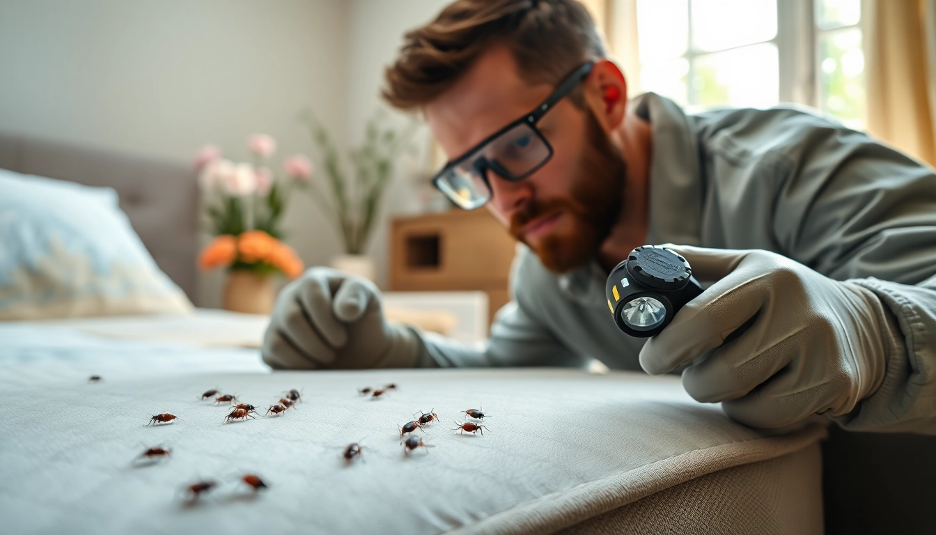 Pest Control expert examining bedbugs on a mattress, demonstrating effective pest control techniques.
