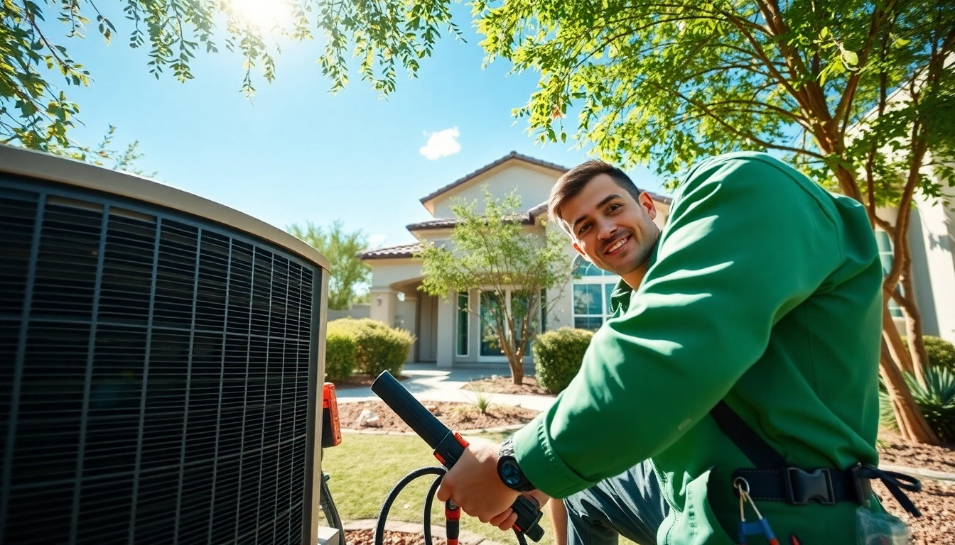 Technician repairing scottsdale ac unit in a sunny backyard setting.